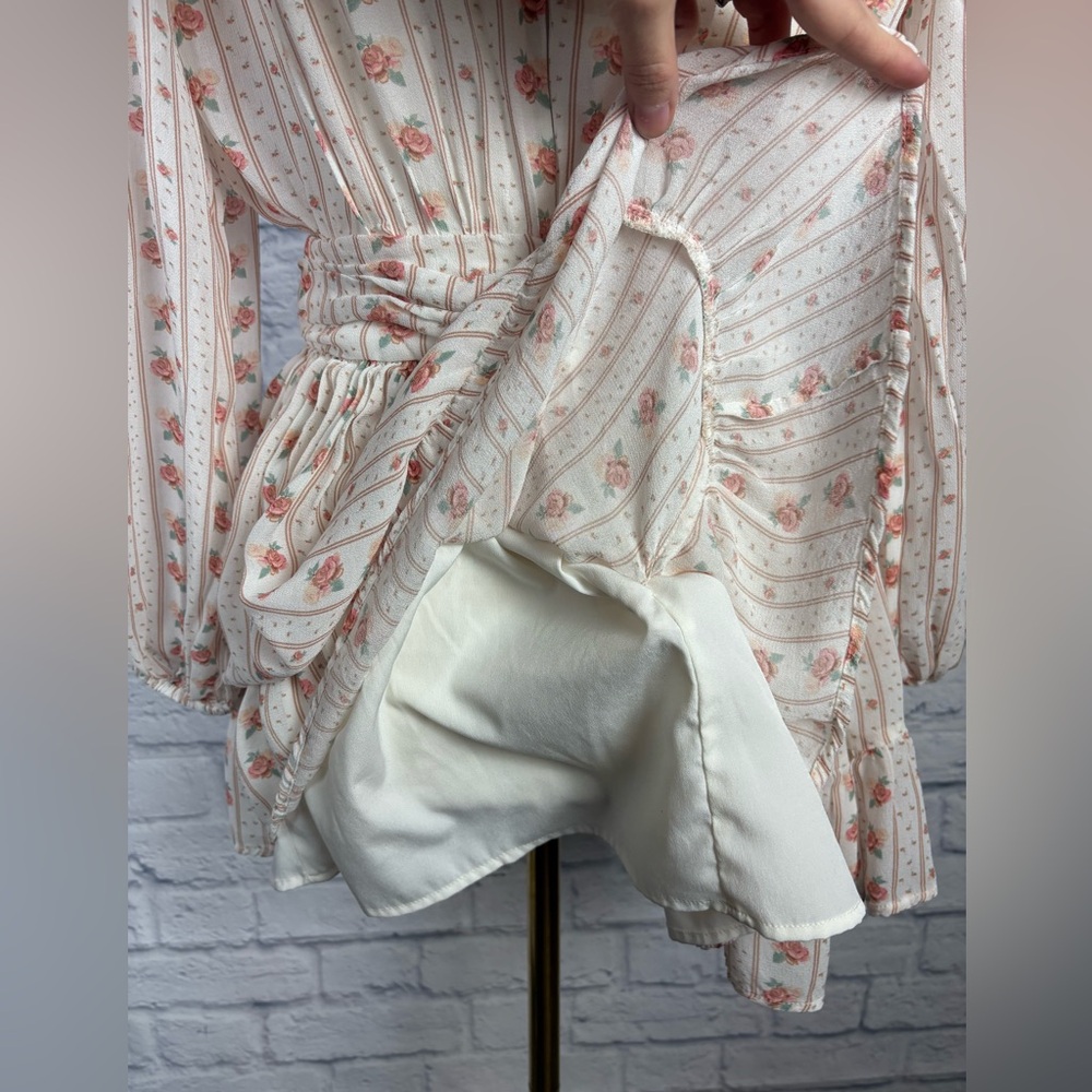 Anthropologie Let Me Be Pink Floral Combo Tie Mockneck Sheer Minidress  size XS - Picture 10 of 10